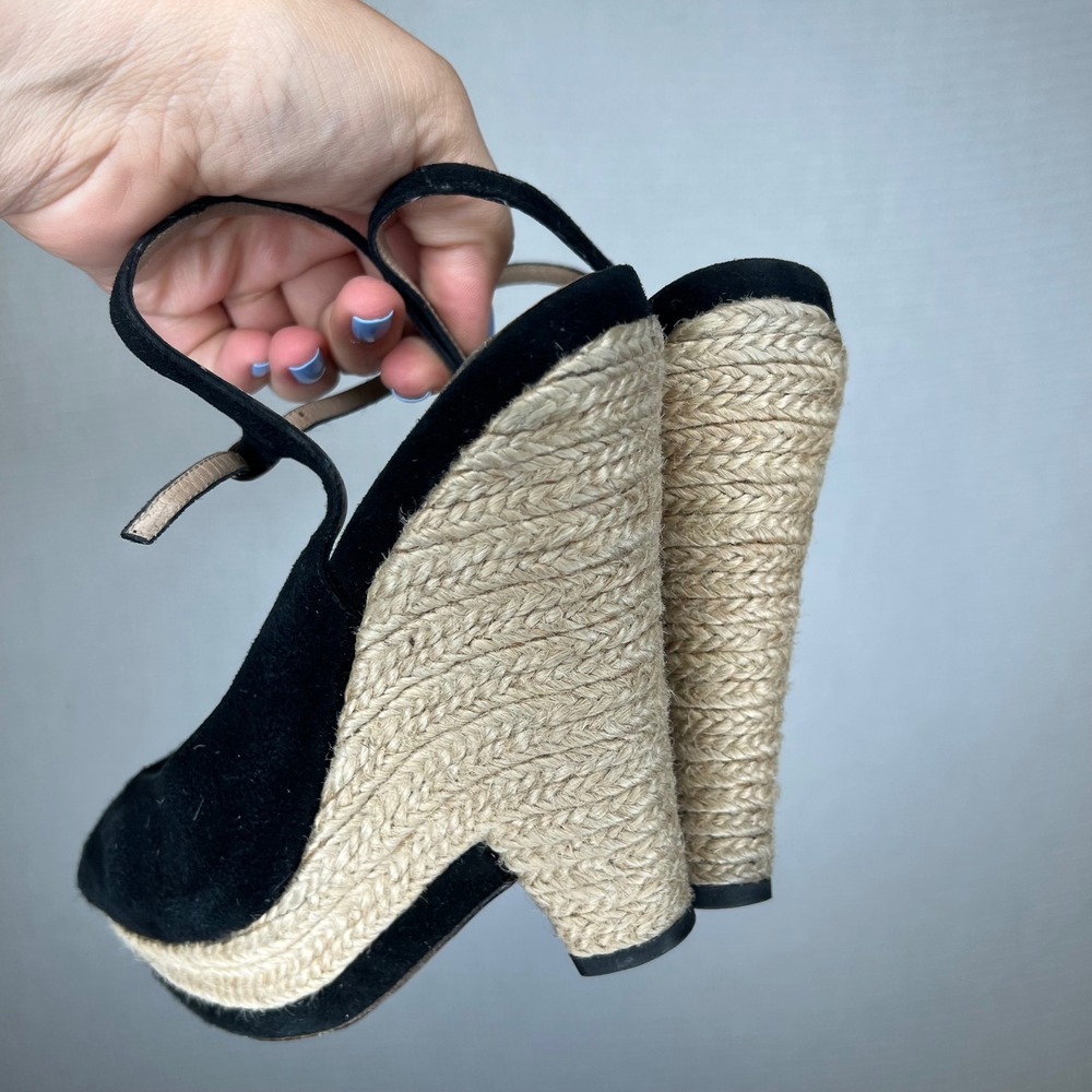 Pura Lopez Black Suede Espadrille Wedge Sandals Peep Toe EU 39.5 Made in Spain - Picture 4 of 8